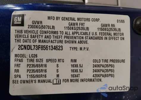 2005 Chevrolet Equinox Lt из США, поврежденный, VIN 2CNDL73F856134623